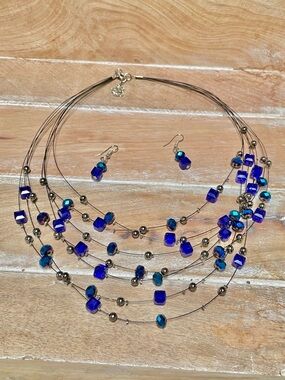 Multi-Strand Royal Blue Beaded Necklace with Matching Earrings